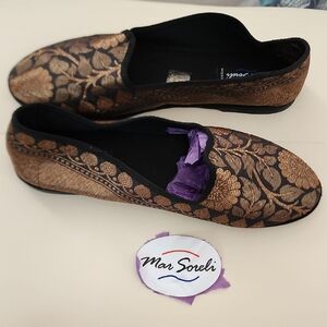 Mar Soreli Women's Black and Gold Brocade Loafers sz38 Hand Made Italy NWT